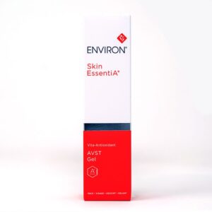 A red and white box with the words " environ skin essentia " written in it.